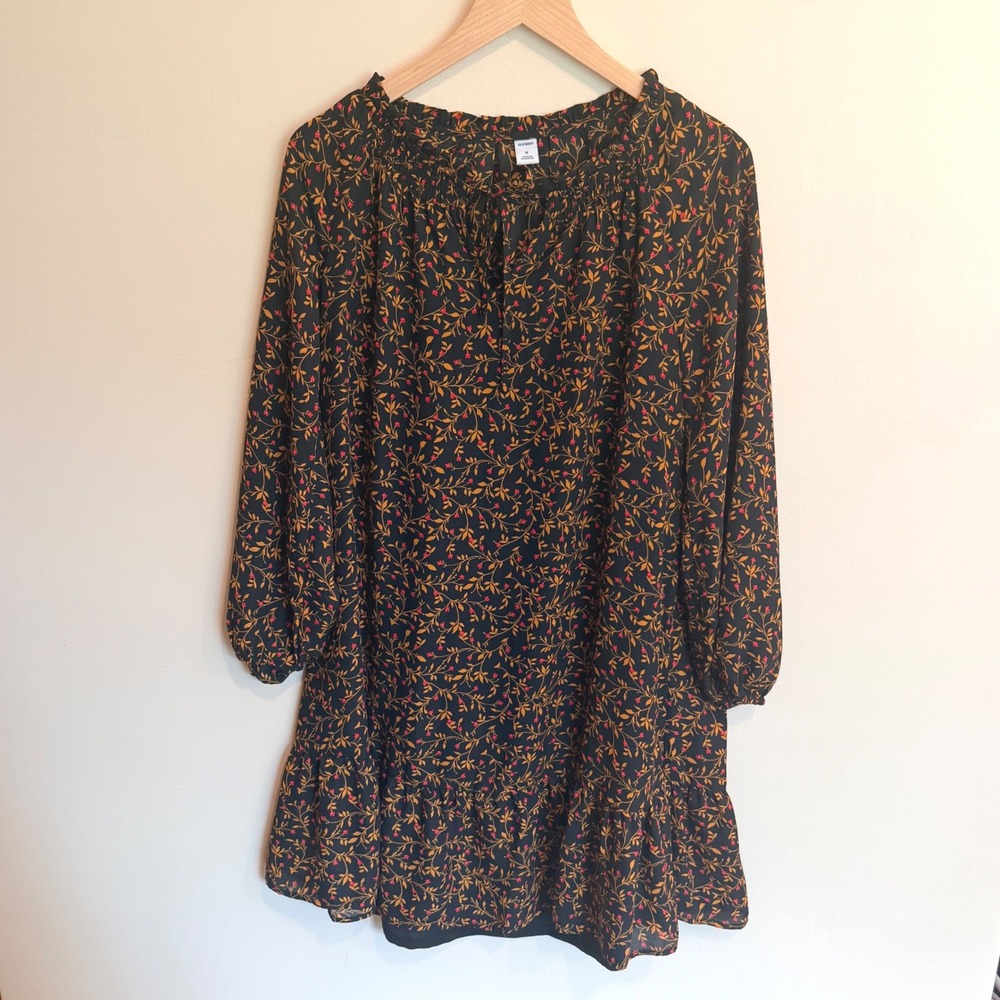 Old Navy Womens Medium Black Floral Ruffle Hem Boho Cottagecore Mini Dress